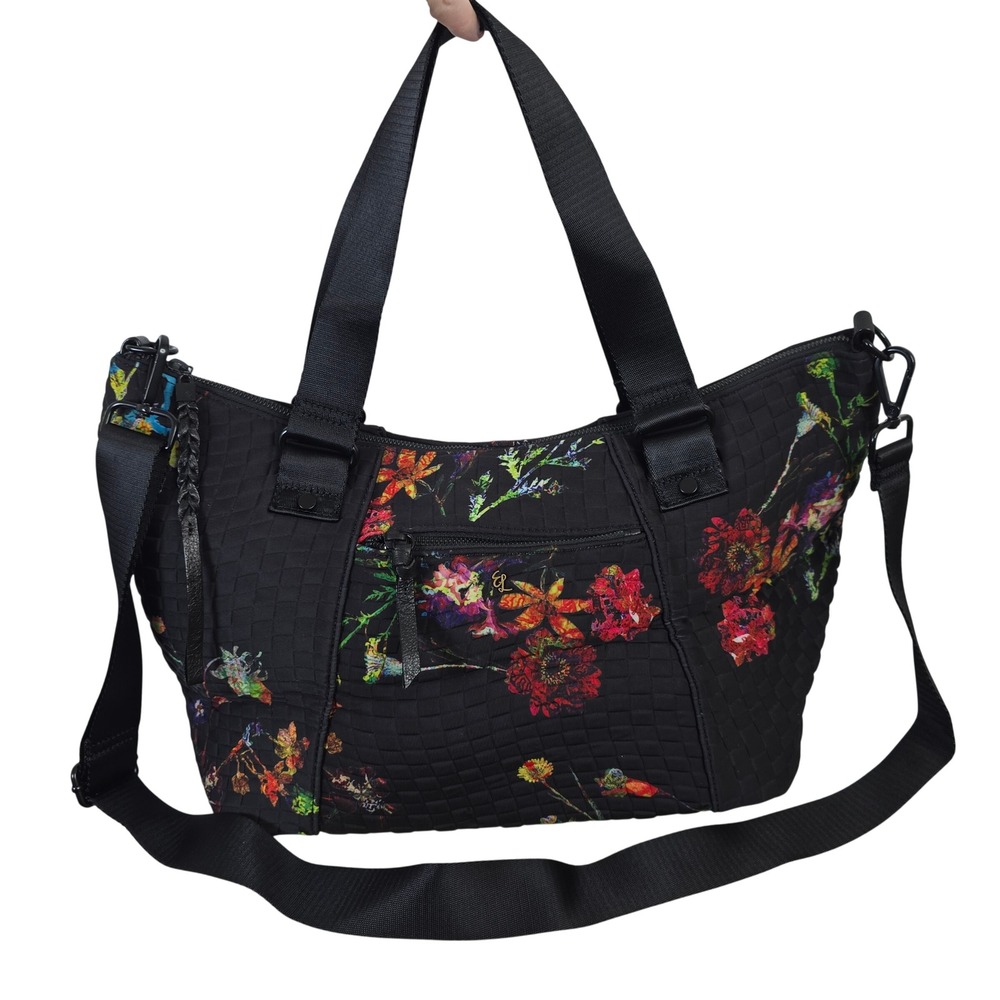 Elliott Lucca Black Floral Quilted Woven Tote Crossbody Bag Large Travel Work
